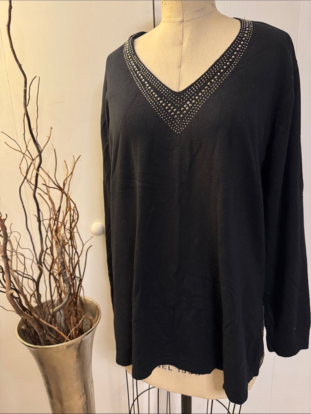 Black Studded V-Neck Women's Sweater